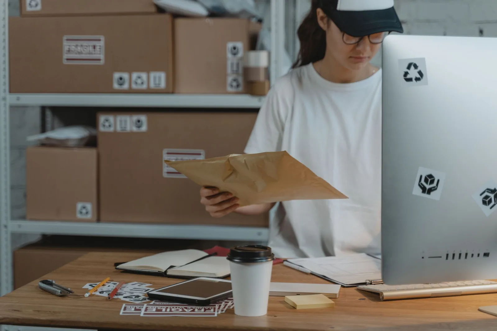 Vendeuse en ligne préparant des colis devant des étagères de cartons, avec un ordinateur de bureau