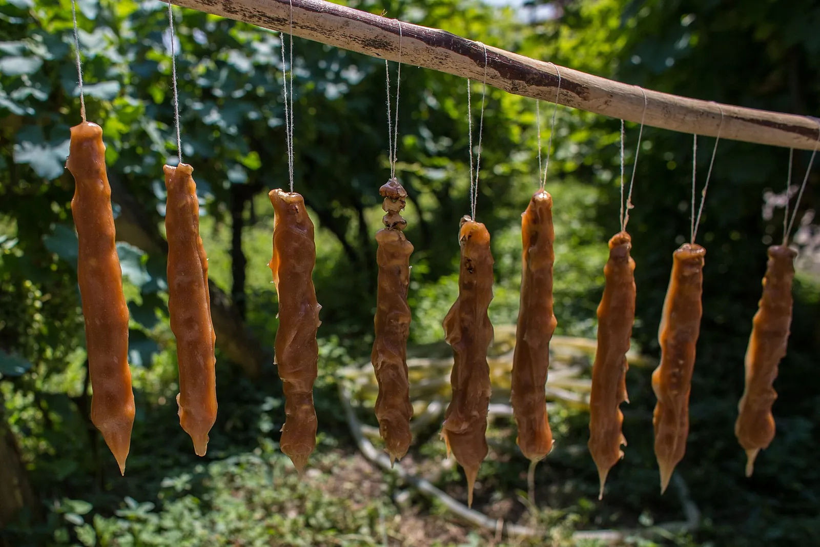 Churchkhelas suspendues à une perche pour sécher au soleil dans un jardin
