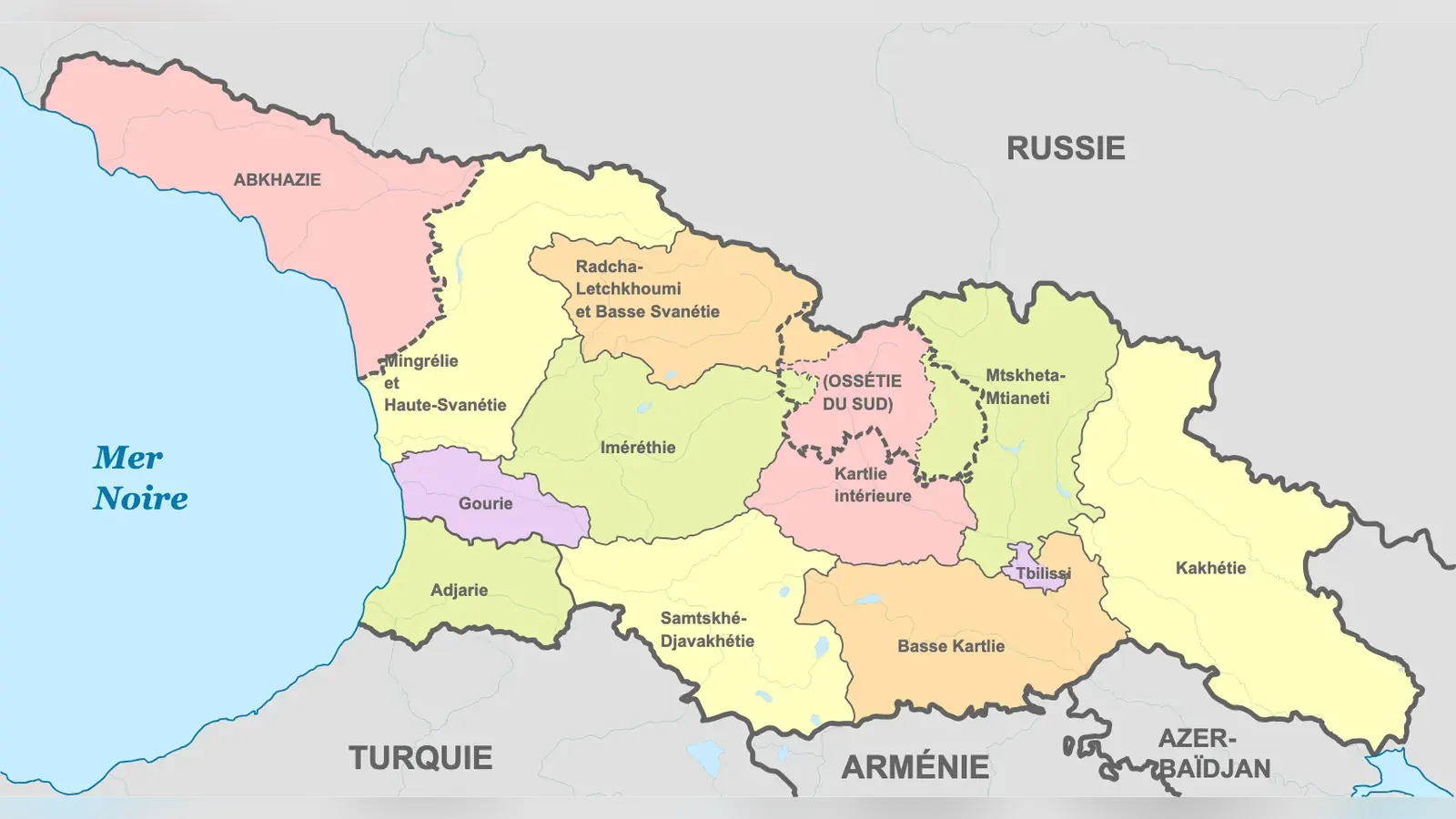 Carte des régions de la Géorgie en français : Kakhétie, Kartlie intérieure, Basse Kartlie, Iméréthie, Gourie, Adjarie, Samtskhé-Djavakhétie, Mtskheta-Mtianeti, Tbilissi, Abkhazie et Ossétie du Sud