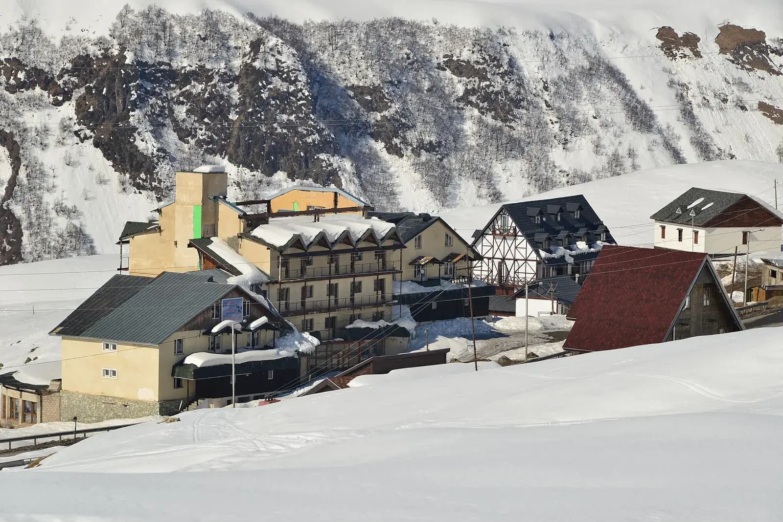 Hôtels et chalets de la station de Gudauri sous la neige, au pied des versants boisés