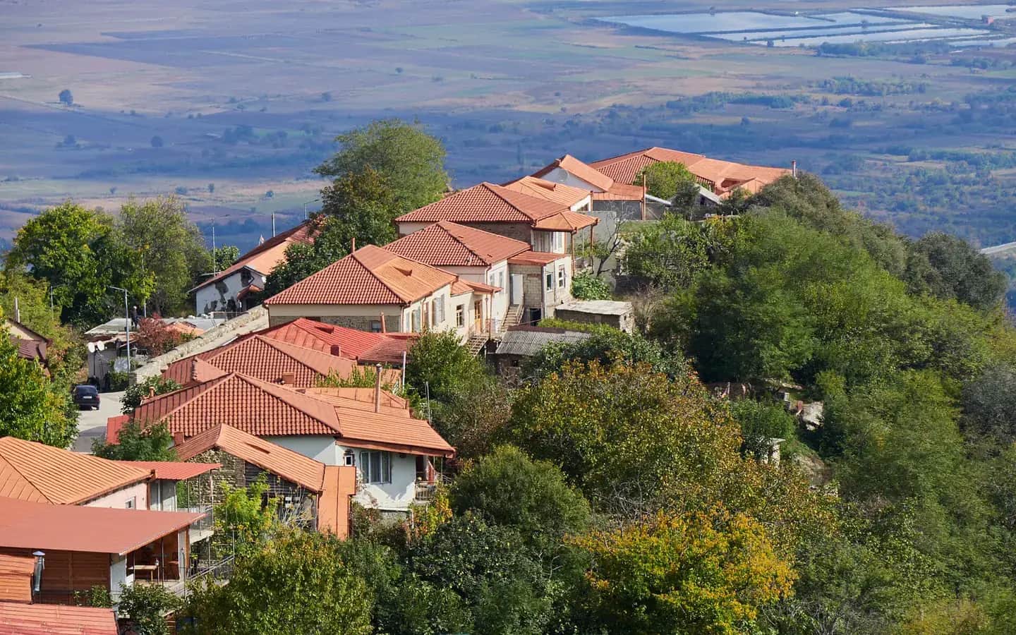 Toits de tuiles rouges de Signaghi, ville perchée de Kakhétie, avec la vallée de l'Alazani en contrebas