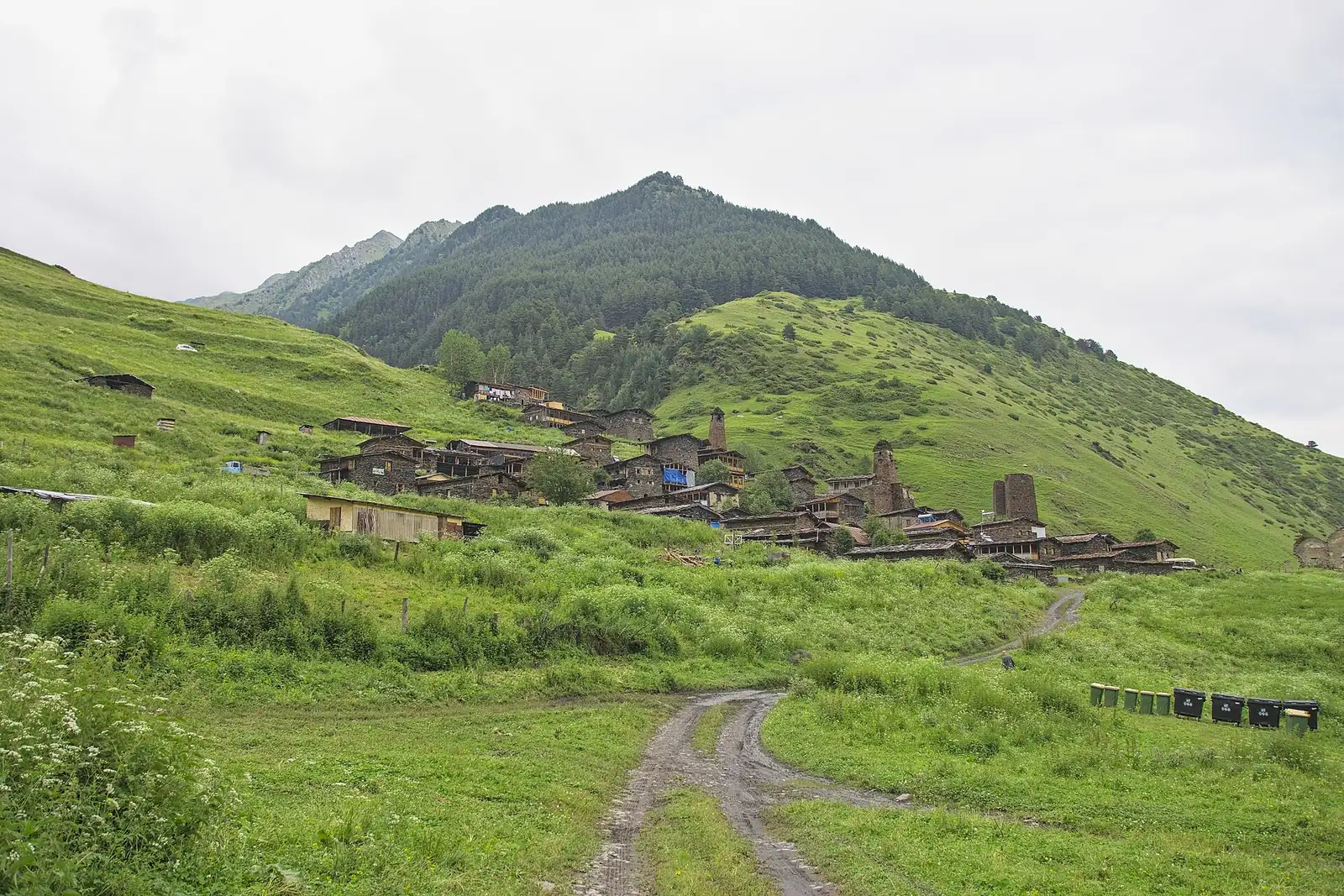 Village de Dartlo, ses maisons de pierre et ses tours sur un versant d’alpage vert, en Touchétie, Géorgie